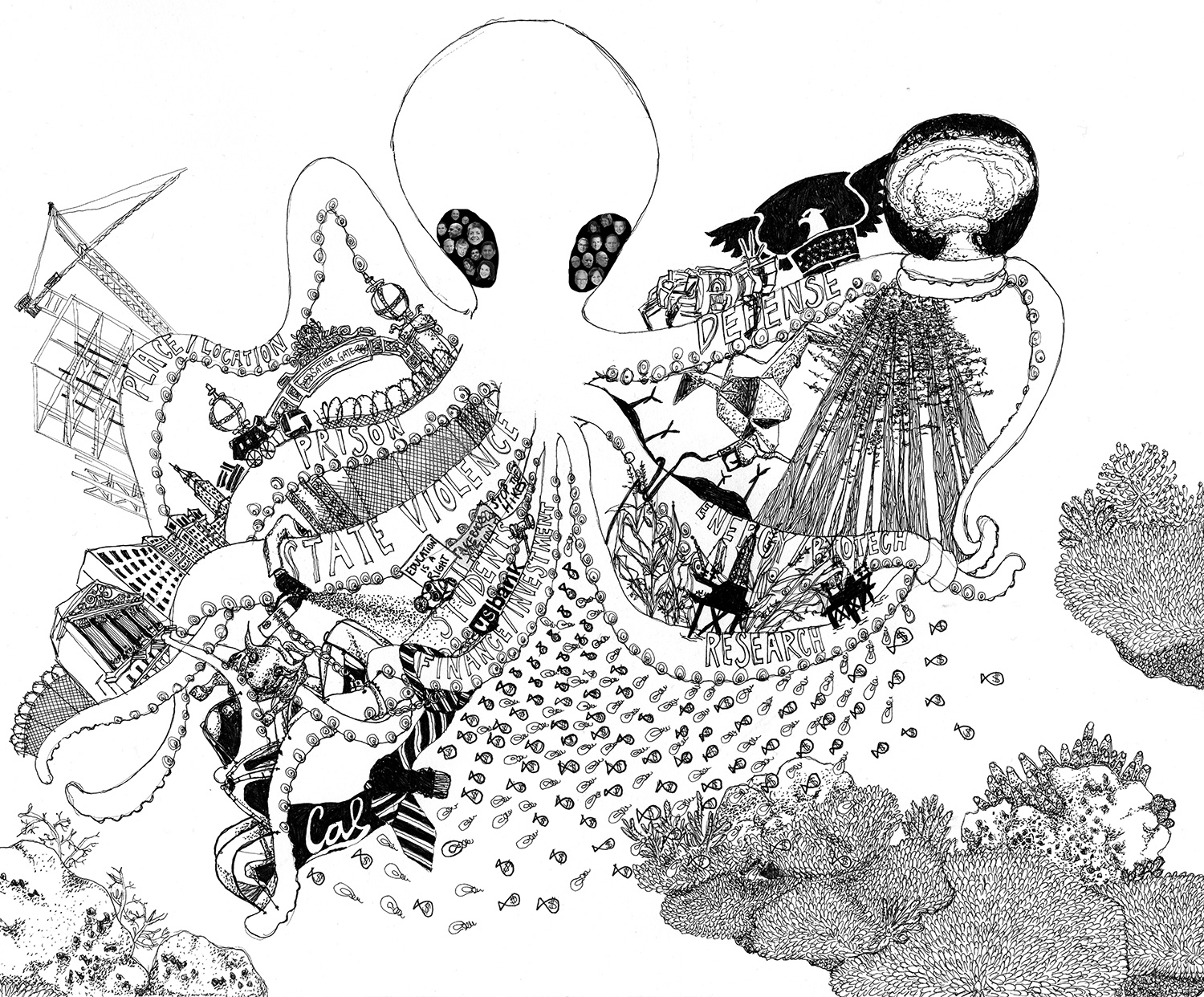 The Octopus, drawing by Nicci Yin Created as part of the presentation “The Octopus: Cognitive Capitalism and the University” with Natalia Cecire and Miriam Neptune at The Scholar & Feminist 2015: Action on Education